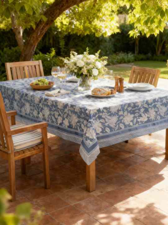 Tovaglia blu  “Fiori di Jaipur” – Blanc Mariclò
